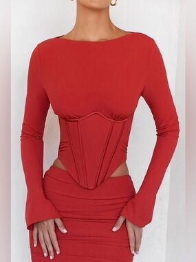 House of CB/ Mistress Rocks collab Red Long-Sleeve Corset Top